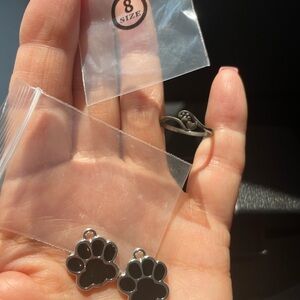 Paw Print and Heart Ring size 8; and 2 Paw Print charms